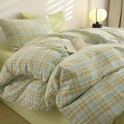 EAVD Vintage Style Yellow&Green Gingham Comforter Set Queen Washed Cotton Grid Plaid Comforter Set 3-Piece Retro Checkered Bedding Set with 2 Pillowcases Farmhouse Gingham Bedding Set for All-Season