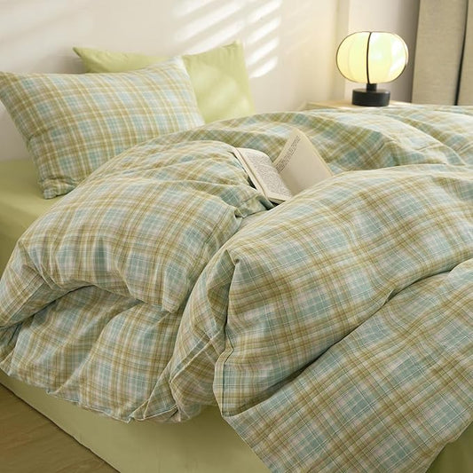 EAVD Vintage Style Yellow&Green Gingham Comforter Set Queen Washed Cotton Grid Plaid Comforter Set 3-Piece Retro Checkered Bedding Set with 2 Pillowcases Farmhouse Gingham Bedding Set for All-Season
