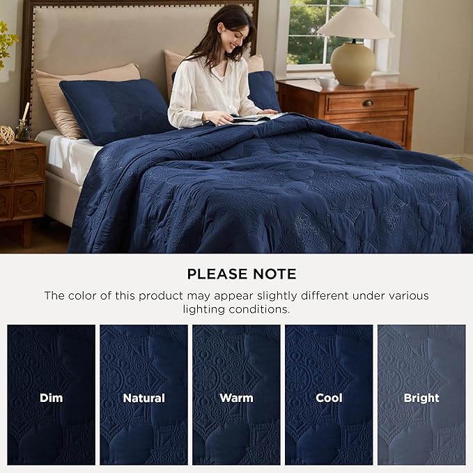Bedsure Quilts Queen Size - Navy Blue Bedspread Queen Size & Lightweight Comforter, Modern Coverlet with Mandala Pattern, Ultra Soft All-Season Bedding, 90 x 96 Inches | Stitch-Free Quilting, Ultra Soft, Lightweight, Machine Washable, Pet-Friendly