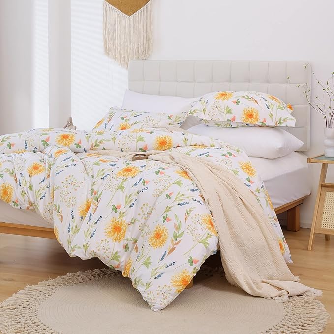 JSD Yellow Floral Duvet Cover Set King Size, 3 Piece Spring Printed Microfiber Comforter Covers Zipper Closure
