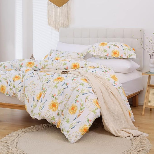 JSD Yellow Floral Duvet Cover Set King Size, 3 Piece Spring Printed Microfiber Comforter Covers Zipper Closure