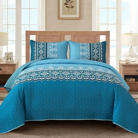 WONGS BEDDING 3 Piece Quilt Set Queen,Boho Teal Bedspread Coverlet Set with Geometry Printed for All Season,Lightweight Morden Bohemian Bedding Set 104"×90"