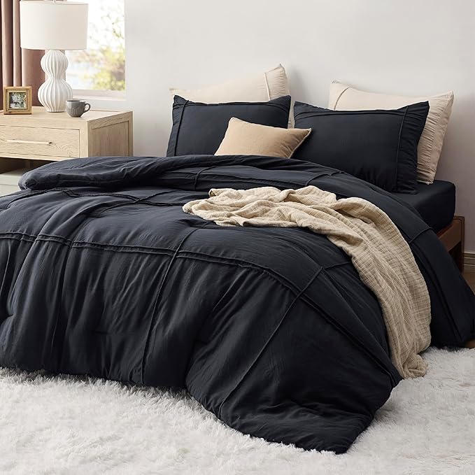 Bedsure Queen Comforter Set with Sheet - 4 Pieces Soft Black Bedding, Grid Pinch Pleat, All Season Lightweight Fluffy Bed Set with Solid Boho Comforter, Pillowcases & Sheet