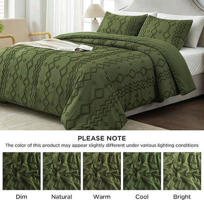 Andency Olive Green Tufted Comforter Set California King(104x96Inch), 3 Pieces(1 Boho Comforter, 2 Pillowcases) Textured Farmhouse Comforter, Soft Microfiber Down Alternative Geometric Comforter Set