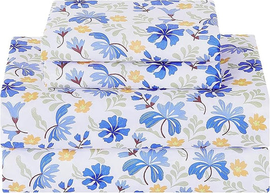 Softan Vintage Blue Floral Twin Bed Sheets, Cozy Microfiber Flower Printed Sheets with 15" Deep Pocket Fitted Sheet & Non-Slip Straps, Patterned Floral in Blue & Amber Sheets & Pillowcase Set
