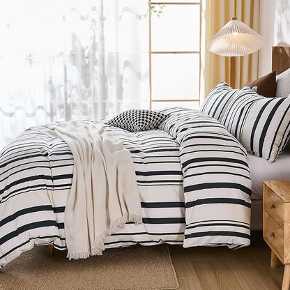 Merryword Black and White Striped Duvet Cover Set King Size - 100% Cotton Duvet Cover Set with Vertical Stripe Design, Soft Breathable Comforter Cover for All Seasons