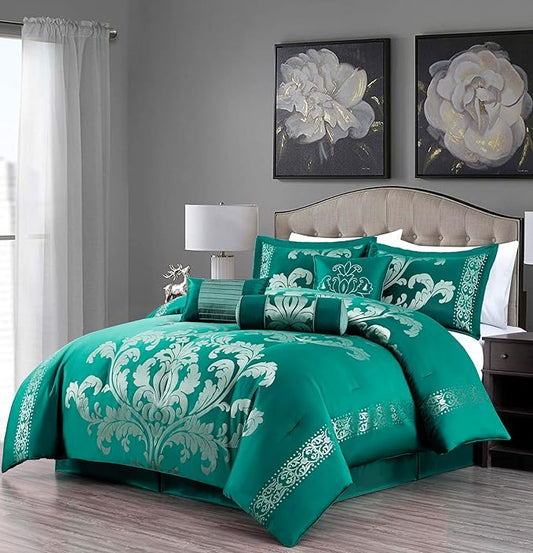 Chezmoi Collection 7-Piece Jacquard Floral Comforter Set (King, Green/Silver)