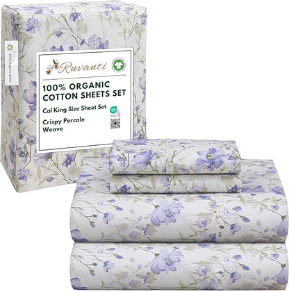 RUVANTI 100% Organic Cotton Sheets California King, Percale Weave, GOTS Certified, 4-Piece Set, Deep Pocket 13", Crisp & Breathable, Soft Durable Bedding, Sábanas Algodón Orgánico - Heather