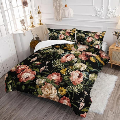Black Floral Comforter Set King Colorful Floral Bedding Sets 3PCS for Kids Teen Adult Flowers Leaves Room Decor Ultra-Soft Lightweight Microfiber 1 Comforter with 2 Pillowcases