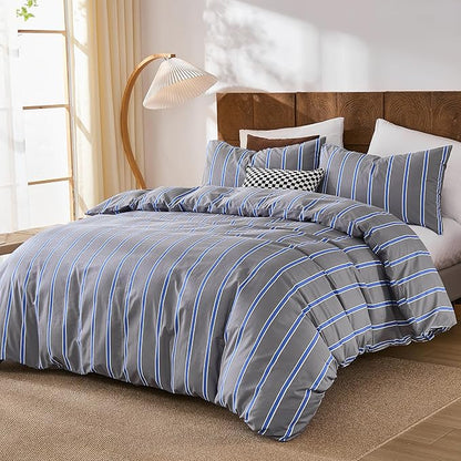 Merryword Blue and Gray Striped Duvet Cover Set Queen Size 100% Cotton Bedding Set with Modern Coastal Style Soft Breathable Linen Like Bedding Set 3 Pieces