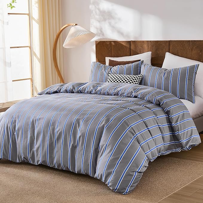 Merryword Blue and Gray Striped Duvet Cover Set King Size 100% Cotton Bedding Set with Modern Coastal Style Soft Breathable Linen Like Bedding Set 3 Pieces