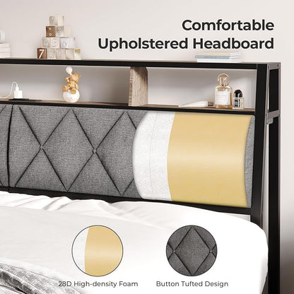 Queen Headboard Only, Headboard for Queen Size Bed with Storage, Upholstered Headboards with LED Lights & Charging Station, Attach Frame, Ideal for Bedroom/Dorm/Guest Room, Dark Grey & Brown