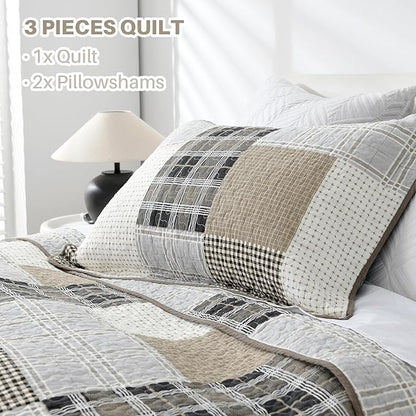PANGUSHAN 100% Cotton Quilt Set Queen Size, Queen Size Farmhouse Plaid Patchwork Reversible Rustic Quilt Bedding Set Quilted Bedspread Lightweight Comforter for Queen Bed, 3pcs, Gray/Cream/Beige