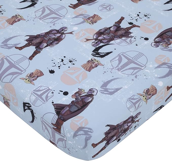 Disney Star Wars The Mandalorian Grey, Tan and Blue 4 Piece Toddler Bed Set - Comforter, Fitted Bottom Sheet, Flat Top Sheet, and Reversible Pillowcase