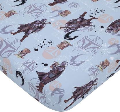 Disney Star Wars The Mandalorian Grey, Tan and Blue 4 Piece Toddler Bed Set - Comforter, Fitted Bottom Sheet, Flat Top Sheet, and Reversible Pillowcase