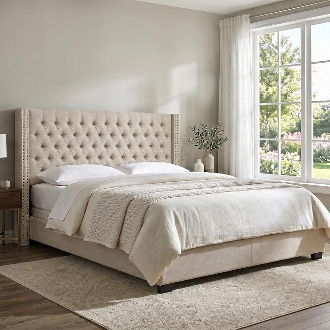 Madison Park Queen Wingback Upholstered Tufted Headboard, Featuring High-Density Sponge Padding, Adjustable Height Headboard, Easy Assembly, Beige Woven