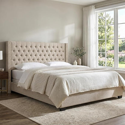 Madison Park Queen Wingback Upholstered Tufted Headboard, Featuring High-Density Sponge Padding, Adjustable Height Headboard, Easy Assembly, Beige Woven