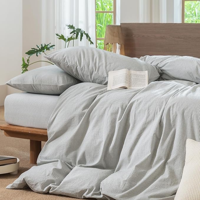 MooMee Striped Duvet Cover Set 100% Washed Cotton Linen Like Textured Breathable Durable Soft Comfy (Heathered Green Pinstripes, Queen 90"x90")