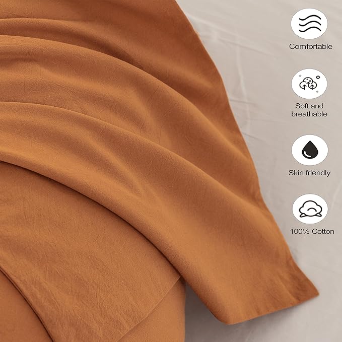 MooMee Bedding Pillowcases Pack of 2 100% Washed Cotton Linen Like Textured Breathable Durable Soft Comfy (Solid Burnt Orange, King)