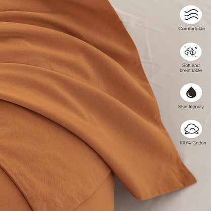 MooMee Bedding Pillowcases Pack of 2 100% Washed Cotton Linen Like Textured Breathable Durable Soft Comfy (Solid Burnt Orange, King)
