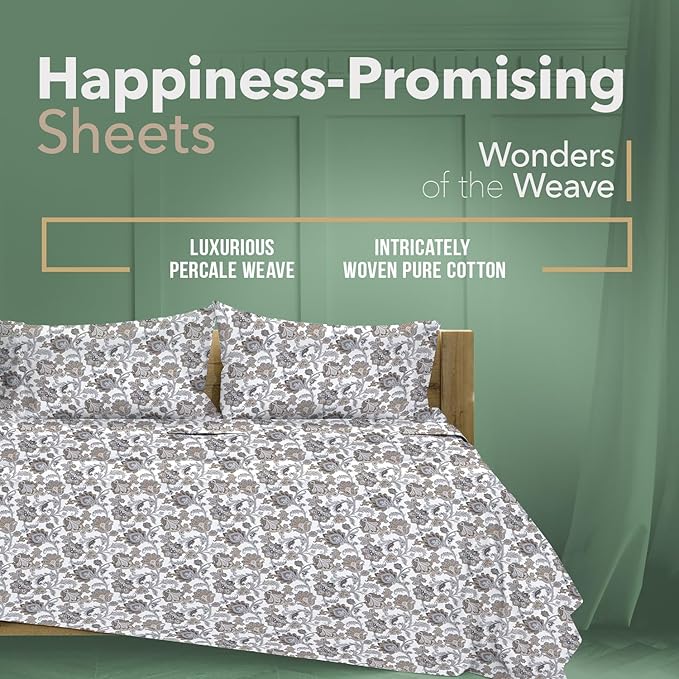 TEXAS LINEN CO. 100% Organic Cotton Printed Sheets California King Size - 4 PC Organic Cotton Cal King Percale Weave Sheet Set, Soft, Cooling & Crisp, 16" Deep Pocket Hotel Bedding Set - Floral Ivory