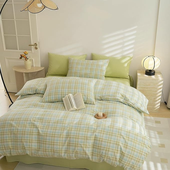 EAVD Vintage Style Yellow&Green Gingham Comforter Set Queen Washed Cotton Grid Plaid Comforter Set 3-Piece Retro Checkered Bedding Set with 2 Pillowcases Farmhouse Gingham Bedding Set for All-Season