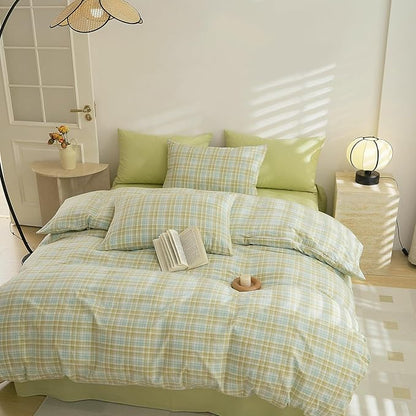 EAVD Vintage Style Yellow&Green Plaid Comforter Set Queen Soft Washed Cotton Grid Checkered Comforter Set Retro Gingham Bedding Set with 2 Pillowcases Farmhouse Gingham Comforter Set for All-Season