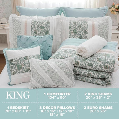 Madison Park Dawn 100% Cotton Shabby Chic Comforter Set-Modern Cottage Design All Season Down Alternative Bedding, Matching Shams, Bedskirt, Decorative Pillows, King(104"x92"), Aqua 9 Piece