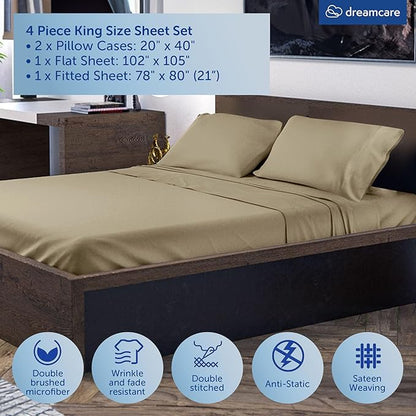 DREAMCARE King Size Sheets Set - Cooling Bed Sheets - 4pcs Set - up to 15" Deep Pocket King Sheet Set – Soft & Long Lasting Cooling - 100% Fine Brushed Polyester with Side Pocket - Eucalyptus