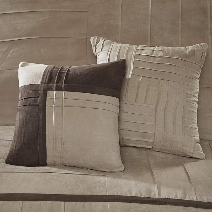 Madison Park Cozy Comforter Set Casual Blocks Design All Season, Matching Bed Skirt, Decorative Pillows, Cal King(104"x92"), Dune Suede, Beige Brown, 7 Piece