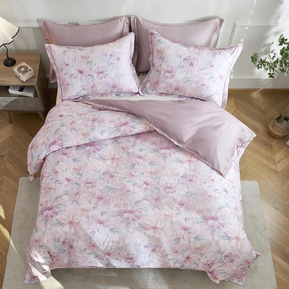 OAITE Duvet Cover Set King Size Floral Pattern 600 Thread Count Ultra Soft 100% Long Staple Cotton Duvet Cover Sets 3-PC, Breathable Duvet Cover with Zipper Closure & Corner Ties
