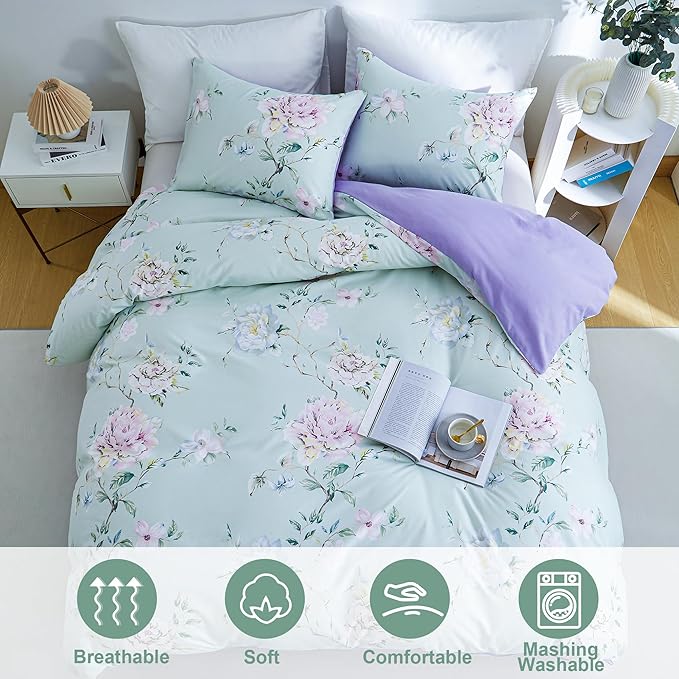 BOLINLIVING Floral King Comforter Set 3 Pieces, Soft Breathable Bed in a Bag King Size, Green and Purple Floral Bedding Set for All Season, 1 Comforter & 2 Pillowcases