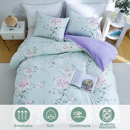 BOLINLIVING Floral Full Comforter Set, Soft Breathable Bed in a Bag King Size 3 Pieces, Green and Purple Floral Bedding Set for All Season, 1 Comforter & 2 Pillowcases