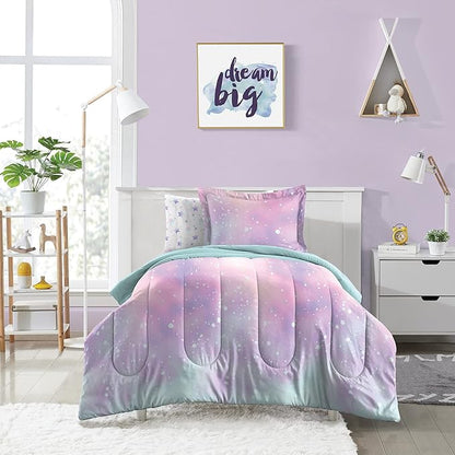 Dream Factory Kids 5-Piece Complete Bed Set Easy-Wash Super Soft Microfiber Comforter Bedding, Twin, Pink Twilight Galaxy Stars