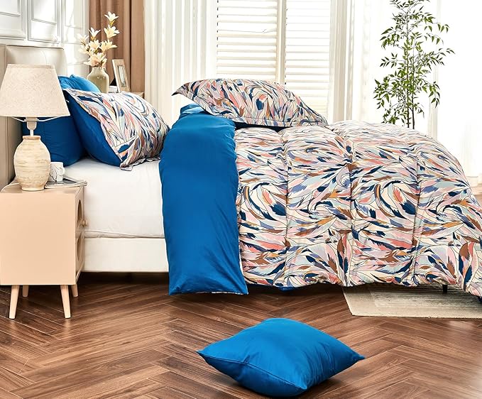 King Size Duvet Cover Set with Button Closure - Multicolor Leaves Botanical Luxury Bedding for a Comfortable Sleeping