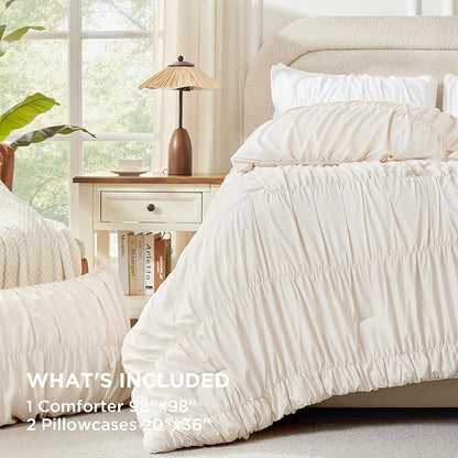 Andency Ruched Beige Oversized Queen Size Comforter Sets, Shabby Chic Pleated Bedding Sets 3 Pieces, Lightweight Soft Boho Ruffle Bed Set for Girls, Kids, Women, All Season