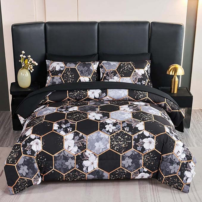 ANGIYUIN Black King Size Comforter Sets Marble Bed in A Bag with Sheets Flowers Bedding Sets for Women Men Gold Geometric Hexagon Print Comforter Bed Sets