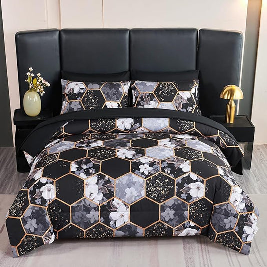 ANGIYUIN Black King Size Comforter Sets Marble Bed in A Bag with Sheets Flowers Bedding Sets for Women Men Gold Geometric Hexagon Print Comforter Bed Sets