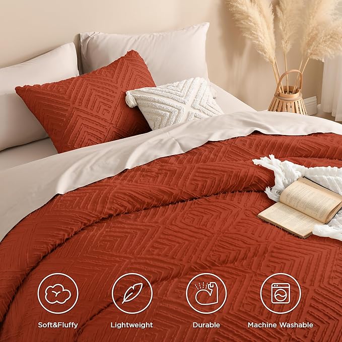 Andency Burnt Orange Queen Size Comforter, Terracotta Boho Fall Lightweight Fluffy Bedding Set & Collections for Queen Bed, 3 Pieces Rust Tufted Design Bed Set (90x90Inches, 2 Pillow Shams)
