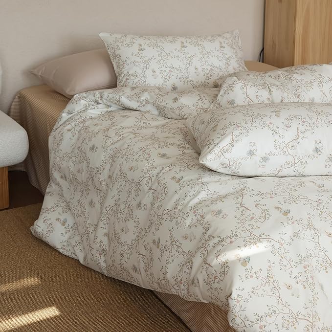 Floral Queen Size Comforter Set Boho Fluffy Bedding Set Cotton Down Alternative Girl Farmhouse Bedding Comforter Sets Chic Soft Lightweight Breathable Bed Comforter with 2 Pillowcases