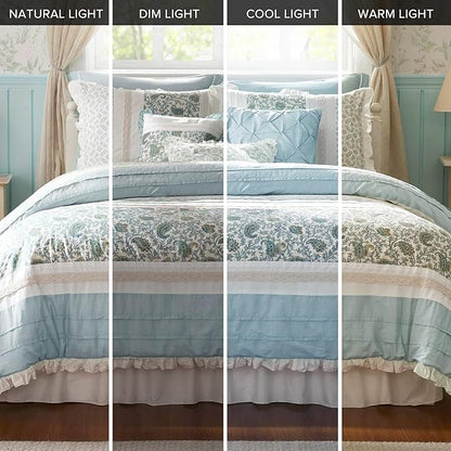 Madison Park Dawn 100% Cotton Shabby Chic Comforter Set-Modern Cottage Design All Season Down Alternative Bedding, Matching Shams, Bedskirt, Decorative Pillows, Queen(90"x90"), Aqua 9 Piece ,