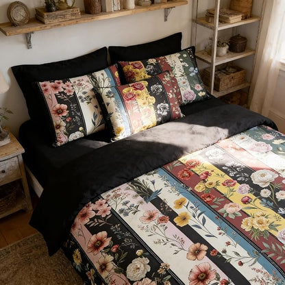 Black Vintage Floral Bedding Set King Size Women Farmhouse Country Black Botanical Comforter Set 3Pcs Microfiber Lightweight Comforter with 2 Pillowcases, 104"x90"