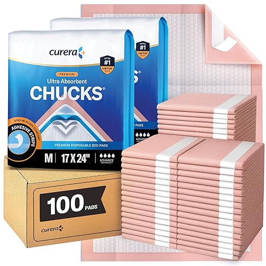 Chucks Premium Disposable Underpads 17”x24” [100-Count] Ultra Absorbent Chux Incontinence Bed Pads with Adhesive Tape for Adults, Baby Changing, Travel, and Pet Training – 17x24 Bulk Pack
