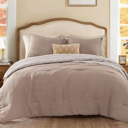 Full Comforter Set - 7 Pieces Dark Brown Gauze Muslin Bedding Sets for All Seasons, Lightweight Breathable Bed in a Bag Full with Revesible Farmhouse Comforter, Sheets, Pillowcases & Shams
