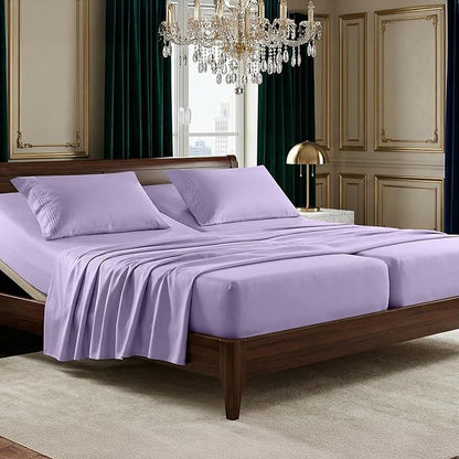 Elegant Comfort Luxurious 1500 Premium Hotel Quality Microfiber Three Line Embroidered Softest 5-Piece Bed Sheet Set, Wrinkle and Fade Resistant, Split King, Lavender