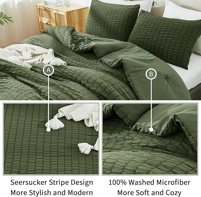 AveLom Dark Olive Green Seersucker Queen Comforter Set (90x90 inches), 3 Pieces-100% Soft Washed Microfiber Lightweight Comforter with 2 Pillowcases, All Season Down Alternative Bedding Set