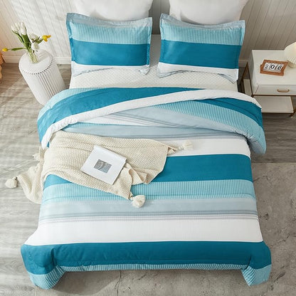 Litanika Teal White Comforter Twin Set, XL Twin Comforter Striped Bedding Comforter Set, 2 Pieces Lightweight Soft All Season Down Alternative Comforter