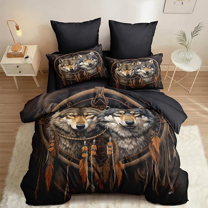 Black Brown Wolf Queen Size Comforter Set, Farmhouse Wildlife Animal Bedding Set for Boys Teens Adult Women, 3 Pcs Rustic Dreamcatcher Quilted Comforter with 2 Pillowcases/90 x90