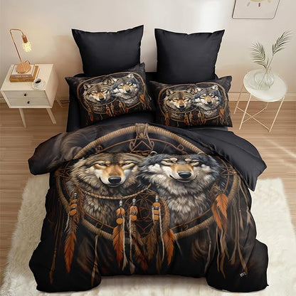 Black Brown Wolf Queen Size Comforter Set, Farmhouse Wildlife Animal Bedding Set for Boys Teens Adult Women, 3 Pcs Rustic Dreamcatcher Quilted Comforter with 2 Pillowcases/90 x90