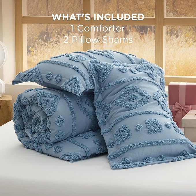 Bedsure Boho Tufted Blue Comforter Set Queen Size, GentleSoft™ 3 Pieces Boho Farmhouse Decor Bedding, Exquisite Shabby Chic Bedding for All Seasons, 1 Bed Comforter, 2 Pillow Shams, 90x90 Inches